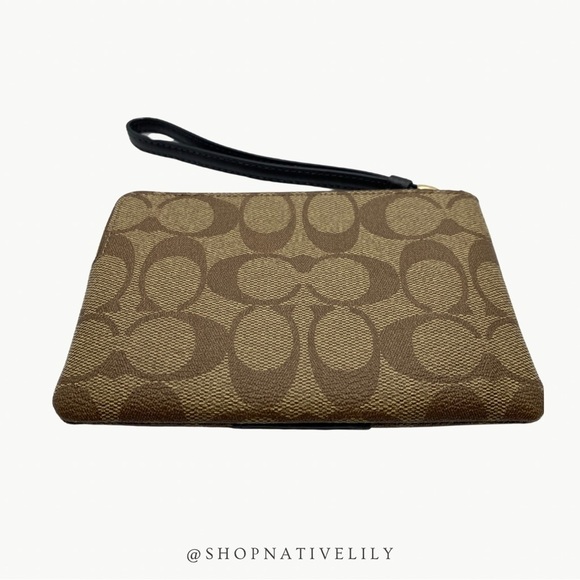 Coach Corner Zip Logo Wristlet In Signature Canvas With Stripe | Khaki/Black - Picture 8 of 11